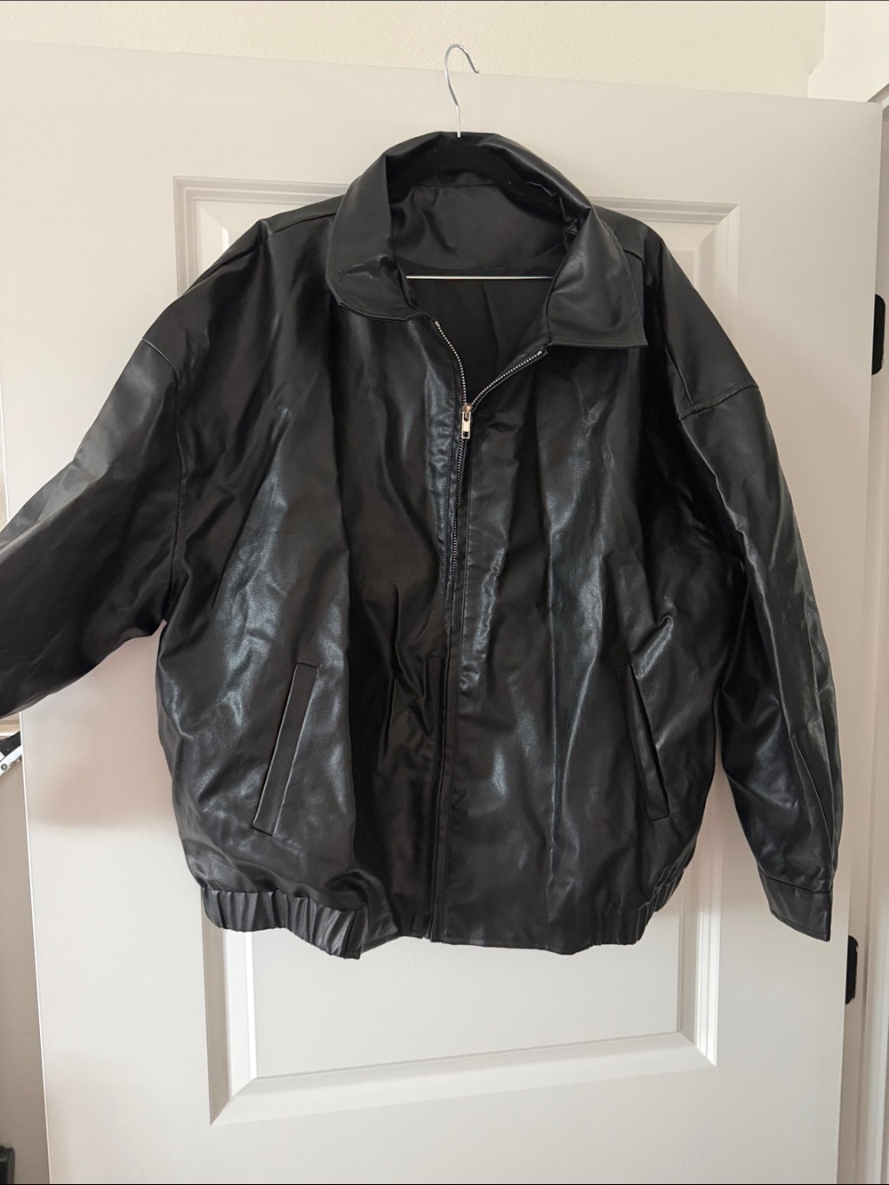 Womens Black Faux Leather Zip-Front Jacket